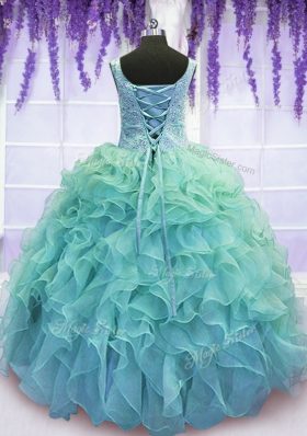 Blue Organza Lace Up Sweet 16 Dress Sleeveless Floor Length Beading and Embroidery and Ruffles