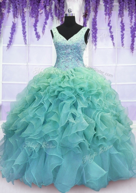 Blue Organza Lace Up Sweet 16 Dress Sleeveless Floor Length Beading and Embroidery and Ruffles