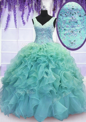Blue Organza Lace Up Sweet 16 Dress Sleeveless Floor Length Beading and Embroidery and Ruffles