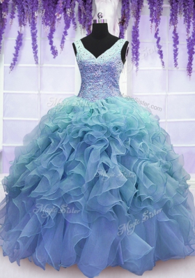 Blue V-neck Lace Up Beading and Embroidery and Ruffles Quinceanera Gown Sleeveless