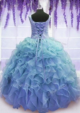 Blue V-neck Lace Up Beading and Embroidery and Ruffles Quinceanera Gown Sleeveless