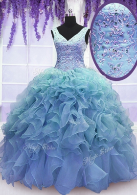 Blue V-neck Lace Up Beading and Embroidery and Ruffles Quinceanera Gown Sleeveless