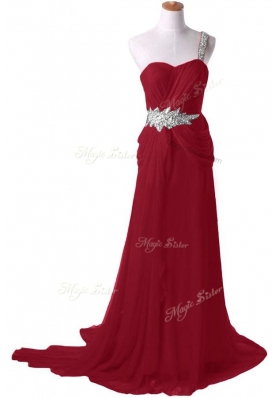 Captivating Burgundy One Shoulder Neckline Beading Prom Evening Gown Sleeveless Zipper