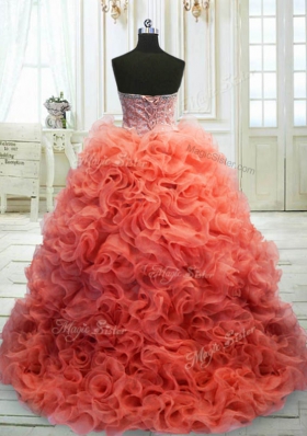 Charming Coral Red Sweetheart Lace Up Beading and Ruffles 15 Quinceanera Dress Sweep Train Sleeveless