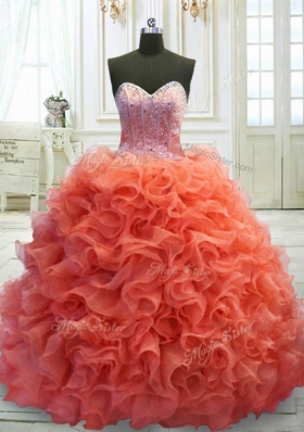 Charming Coral Red Sweetheart Lace Up Beading and Ruffles 15 Quinceanera Dress Sweep Train Sleeveless