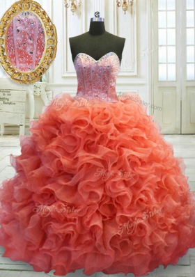 Charming Coral Red Sweetheart Lace Up Beading and Ruffles 15 Quinceanera Dress Sweep Train Sleeveless