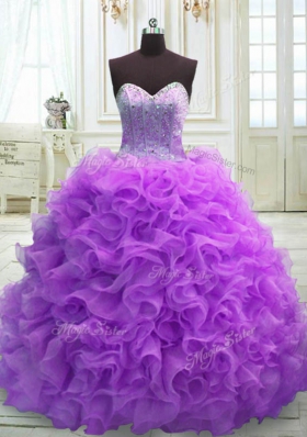 Chic Purple Sweetheart Neckline Beading and Ruffles Quinceanera Dresses Sleeveless Lace Up