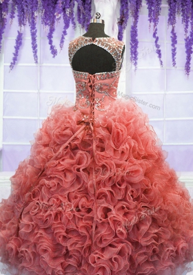 Coral Red Sweet 16 Quinceanera Dress Military Ball and Sweet 16 and Quinceanera and For with Beading and Ruffles Scoop Sleeveless Lace Up