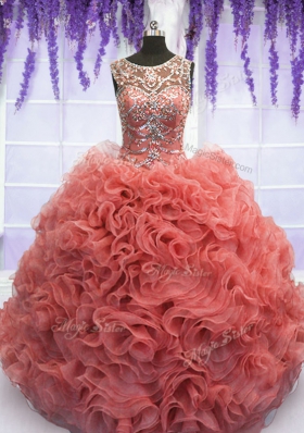 Coral Red Sweet 16 Quinceanera Dress Military Ball and Sweet 16 and Quinceanera and For with Beading and Ruffles Scoop Sleeveless Lace Up