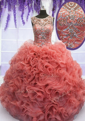 Coral Red Sweet 16 Quinceanera Dress Military Ball and Sweet 16 and Quinceanera and For with Beading and Ruffles Scoop Sleeveless Lace Up