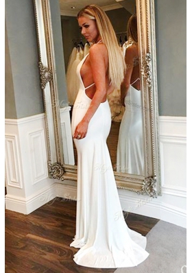 Custom Design With Train Mermaid Sleeveless White Prom Dresses Brush Train Backless