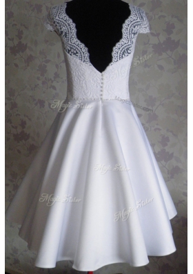 Delicate White Cap Sleeves Lace Knee Length Prom Party Dress