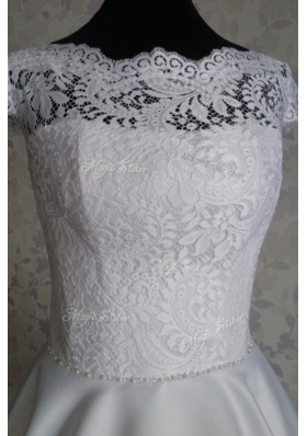 Delicate White Cap Sleeves Lace Knee Length Prom Party Dress