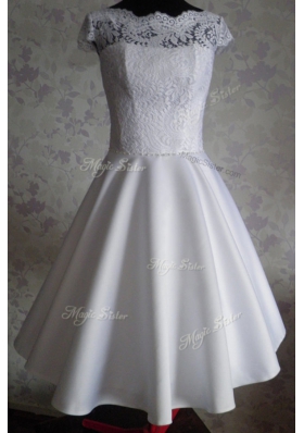 Delicate White Cap Sleeves Lace Knee Length Prom Party Dress