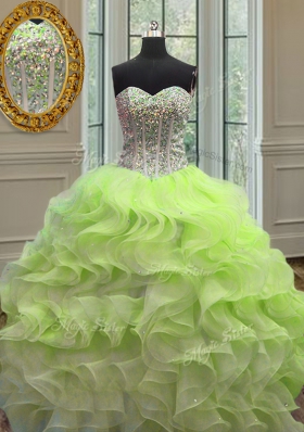 Edgy Yellow Green Sleeveless Floor Length Beading and Ruffles Lace Up Quinceanera Dresses