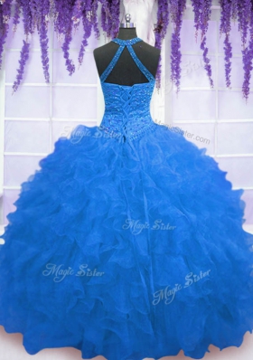 Eye-catching Blue Zipper Quince Ball Gowns Beading and Ruffles Sleeveless Floor Length