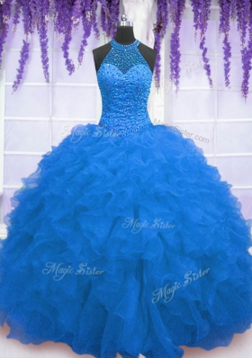 Eye-catching Blue Zipper Quince Ball Gowns Beading and Ruffles Sleeveless Floor Length