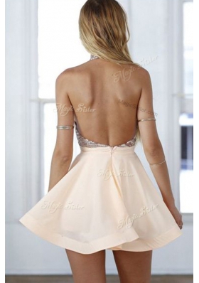 Eye-catching Peach Halter Top Backless Beading Dress for Prom Sleeveless
