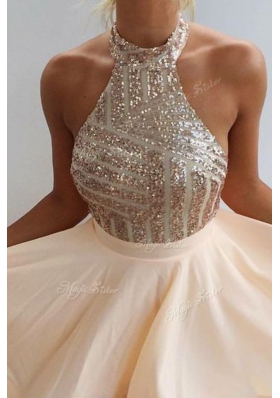 Eye-catching Peach Halter Top Backless Beading Dress for Prom Sleeveless