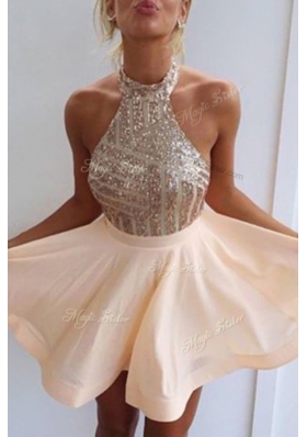 Eye-catching Peach Halter Top Backless Beading Dress for Prom Sleeveless