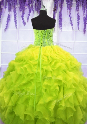 Fantastic Yellow Green Organza Lace Up Sweetheart Sleeveless Floor Length 15th Birthday Dress Beading and Ruffles