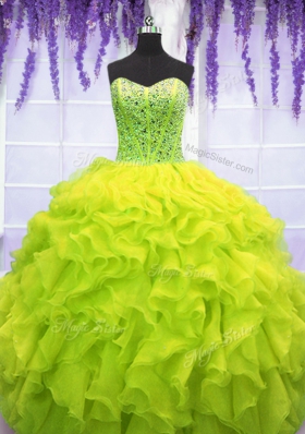 Fantastic Yellow Green Organza Lace Up Sweetheart Sleeveless Floor Length 15th Birthday Dress Beading and Ruffles