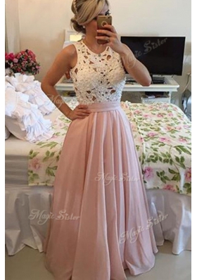 Fashionable Pink Prom Evening Gown Prom and Party and For with Lace Scoop Sleeveless Side Zipper