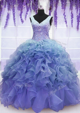 Fine Purple V-neck Lace Up Beading and Embroidery and Ruffles Sweet 16 Dresses Sleeveless