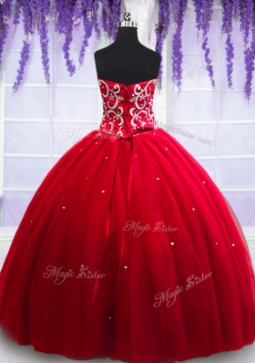 Fine Red Ball Gowns Sweetheart Sleeveless Tulle Floor Length Lace Up Beading Sweet 16 Quinceanera Dress