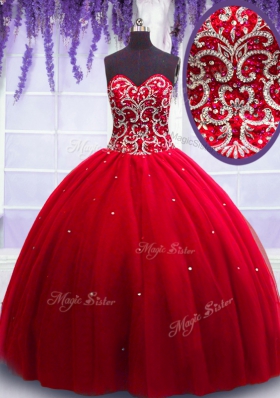 Fine Red Ball Gowns Sweetheart Sleeveless Tulle Floor Length Lace Up Beading Sweet 16 Quinceanera Dress
