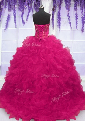 Fuchsia Strapless Neckline Beading and Ruffles Quinceanera Gown Sleeveless Lace Up