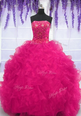 Fuchsia Strapless Neckline Beading and Ruffles Quinceanera Gown Sleeveless Lace Up