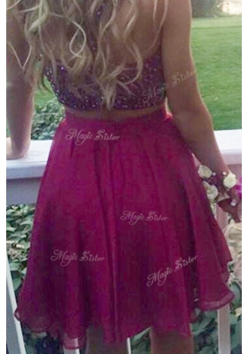 Fuchsia Two Pieces Halter Top Sleeveless Chiffon Knee Length Criss Cross Beading Prom Evening Gown