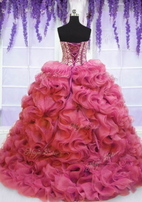 Glamorous Pink Sweetheart Neckline Beading and Ruffles Quinceanera Gowns Sleeveless Lace Up
