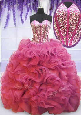 Glamorous Pink Sweetheart Neckline Beading and Ruffles Quinceanera Gowns Sleeveless Lace Up