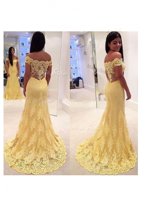 Glorious Off the Shoulder Yellow Sleeveless With Train Lace Side Zipper Homecoming Dresses
