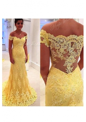 Glorious Off the Shoulder Yellow Sleeveless With Train Lace Side Zipper Homecoming Dresses