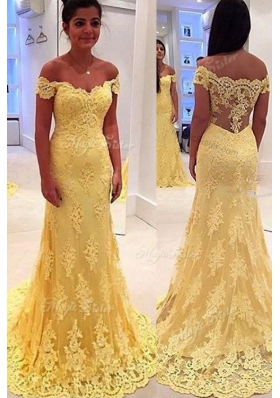 Glorious Off the Shoulder Yellow Sleeveless With Train Lace Side Zipper Homecoming Dresses