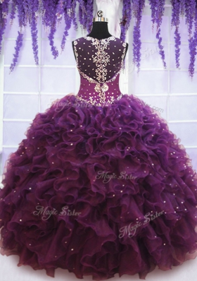 Glorious Straps Sleeveless Quinceanera Dresses Floor Length Beading and Ruffles Purple Tulle