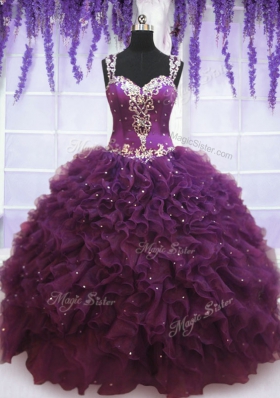 Glorious Straps Sleeveless Quinceanera Dresses Floor Length Beading and Ruffles Purple Tulle