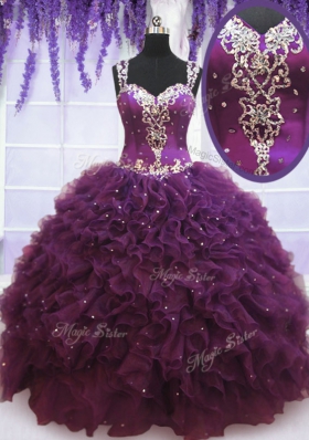 Glorious Straps Sleeveless Quinceanera Dresses Floor Length Beading and Ruffles Purple Tulle