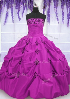 Gorgeous Fuchsia Strapless Neckline Embroidery and Pick Ups Ball Gown Prom Dress Sleeveless Lace Up