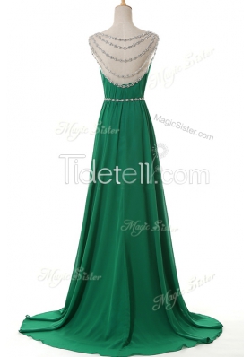 Green Prom Gown Prom and Party and For with Belt Scoop Sleeveless Sweep Train Side Zipper