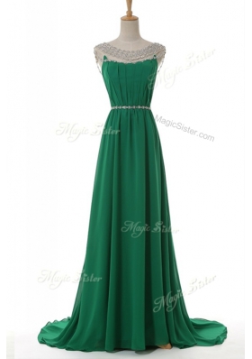 Green Prom Gown Prom and Party and For with Belt Scoop Sleeveless Sweep Train Side Zipper