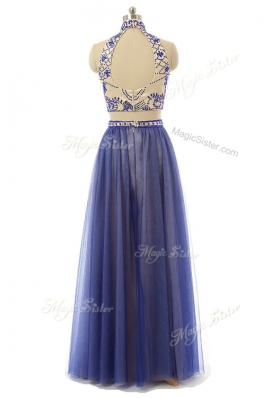 Halter Top Floor Length Navy Blue Dress for Prom Tulle Sleeveless Appliques