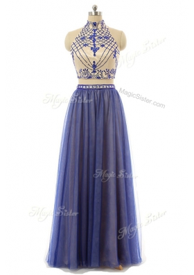 Halter Top Floor Length Navy Blue Dress for Prom Tulle Sleeveless Appliques