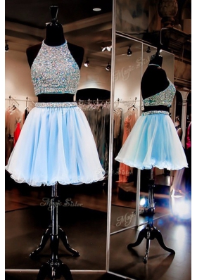 Halter Top Light Blue Sleeveless Chiffon Backless for Prom and Party