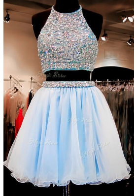 Halter Top Light Blue Sleeveless Chiffon Backless for Prom and Party