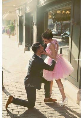 Halter Top Sleeveless Mini Length Beading and Appliques Zipper Prom Party Dress with Peach