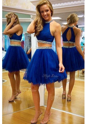 Halter Top Tulle Sleeveless Knee Length Prom Party Dress and Beading